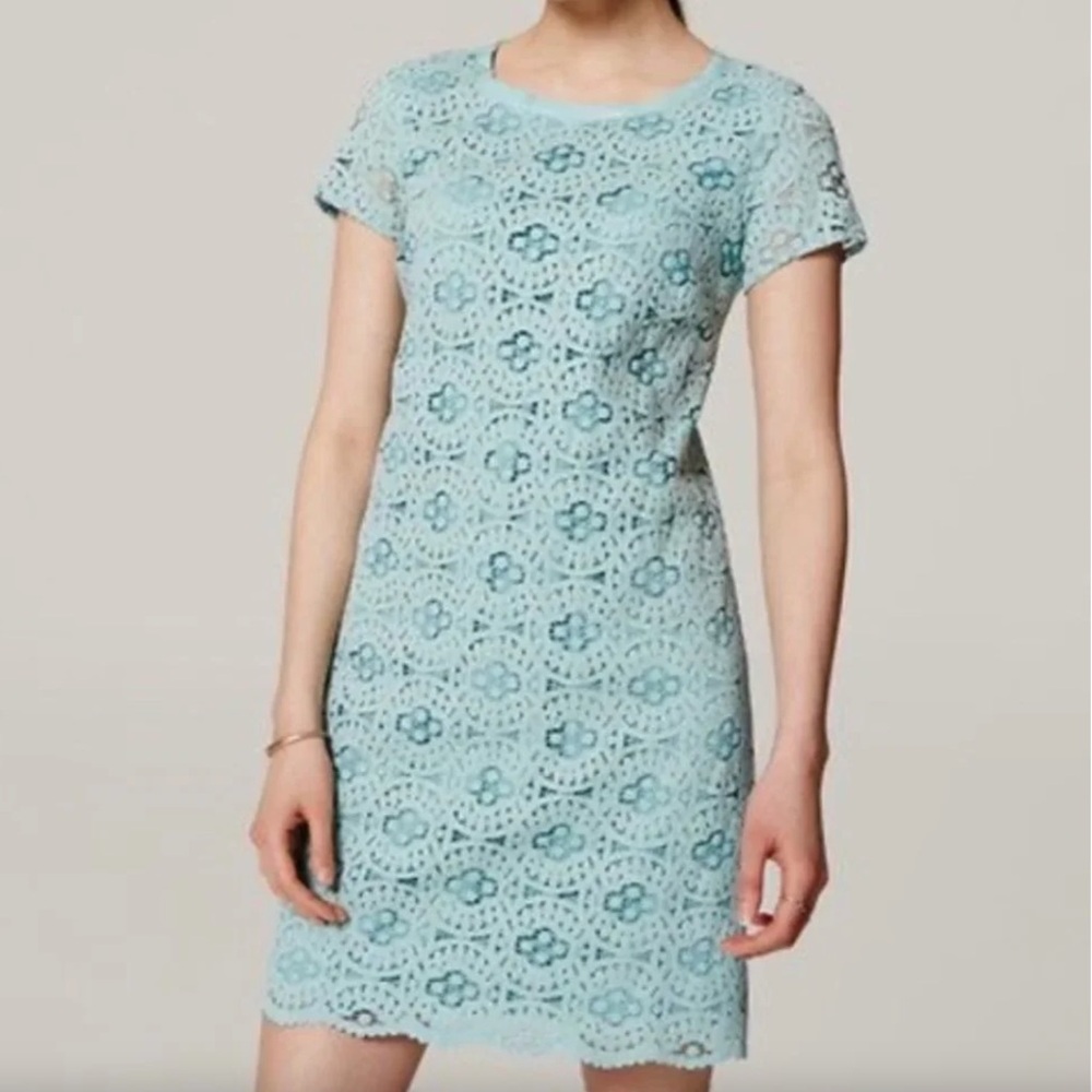 ANN TAYLOR LOFT Aqua Seafoam Green Blue Floral Lace Cotton Shift Dress Summer 0